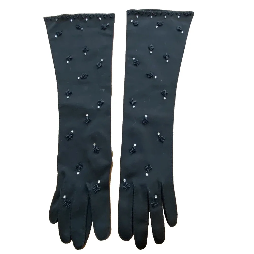 Gimbels Hong Kong Bead & Rhinestone Black Cotton Dressy Elbow Gloves 6.5 Vintage